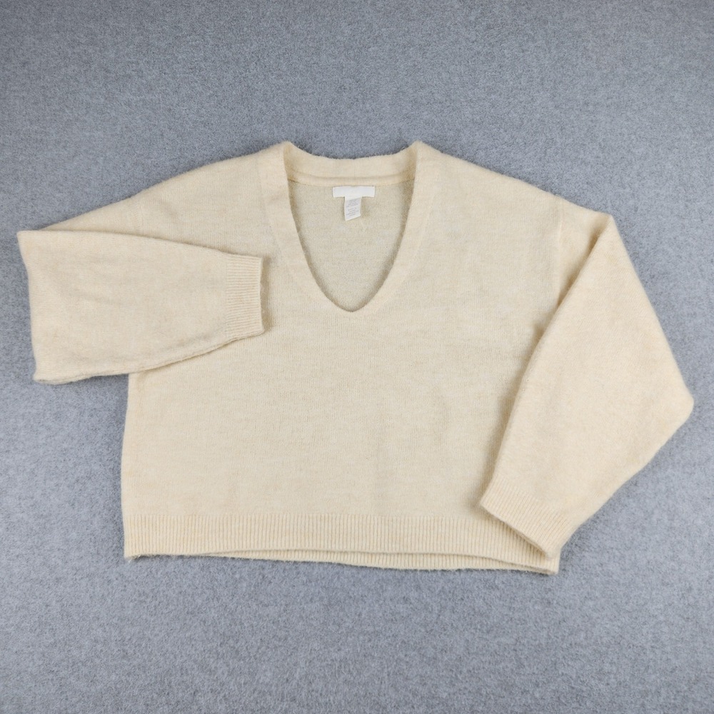 H&M Cream V Neck‎ Fuzzy Cropped Sweater Womens XS